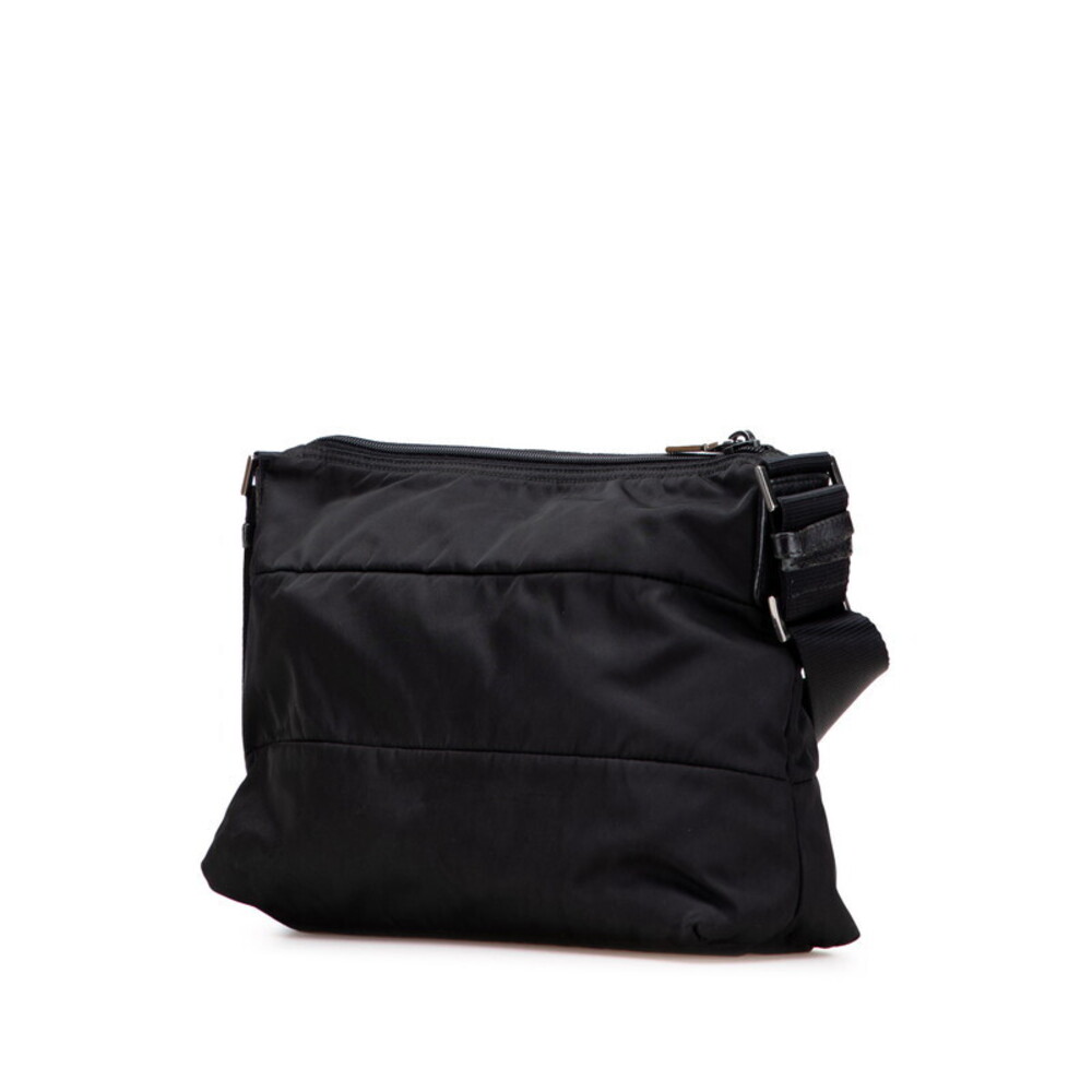 Prada logo shoulder nylon crossbody triangular black bag plaque leather